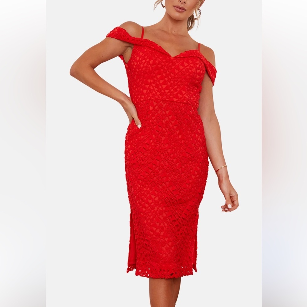 Chi Chi London Bardot Premium Lace Mid Dress Red Crochet NWT Size 12